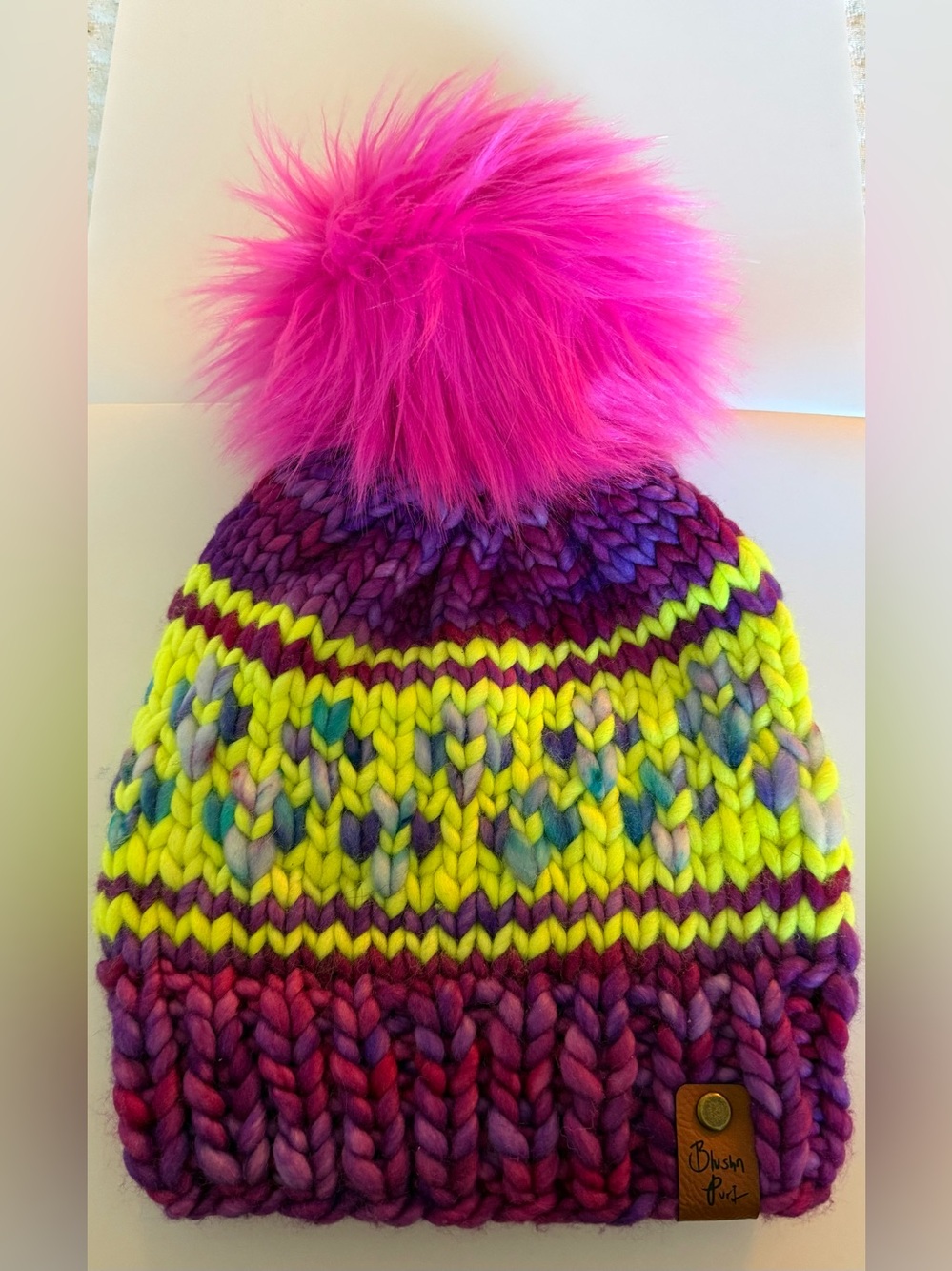 Women's Chunky Knit Multicolor Beanie with Hot Pink Pom